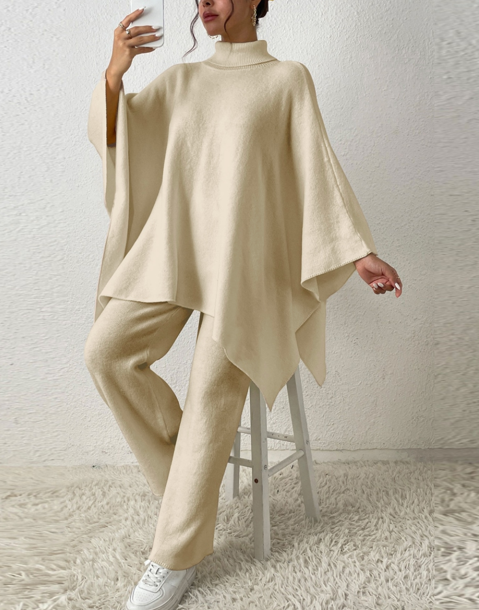 Creamy White Oversized Turtleneck Knit Poncho+Knit Pant