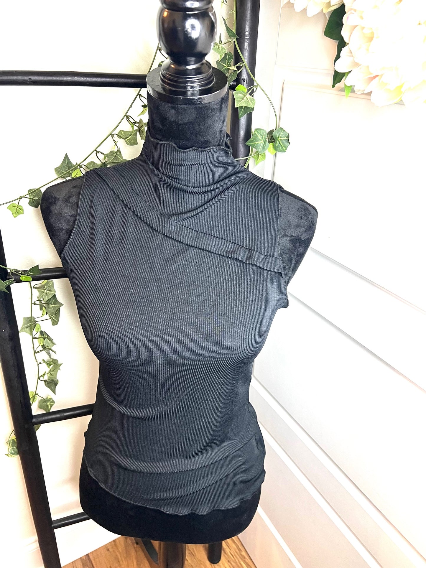 Black Rib High Neck Asymmetric Hem Top