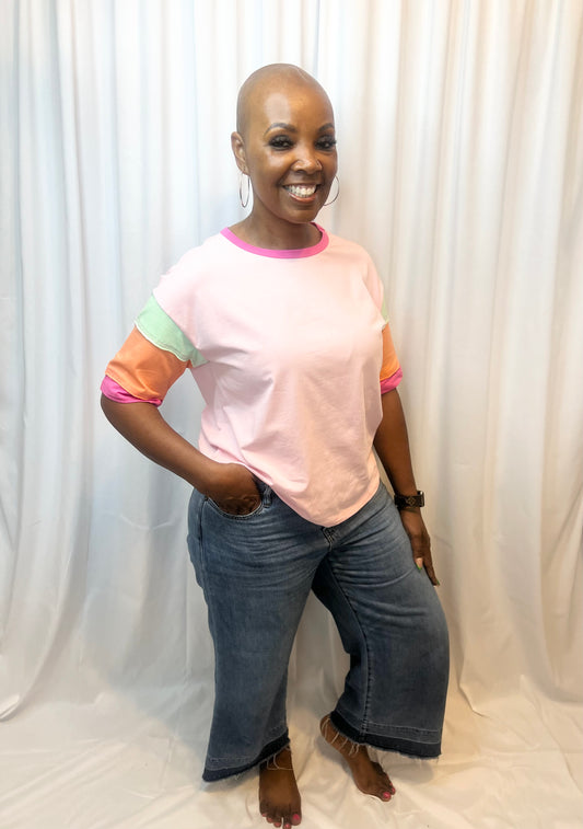 Pink Color Block Stitching Sleeve Round Neck Oversize Top
