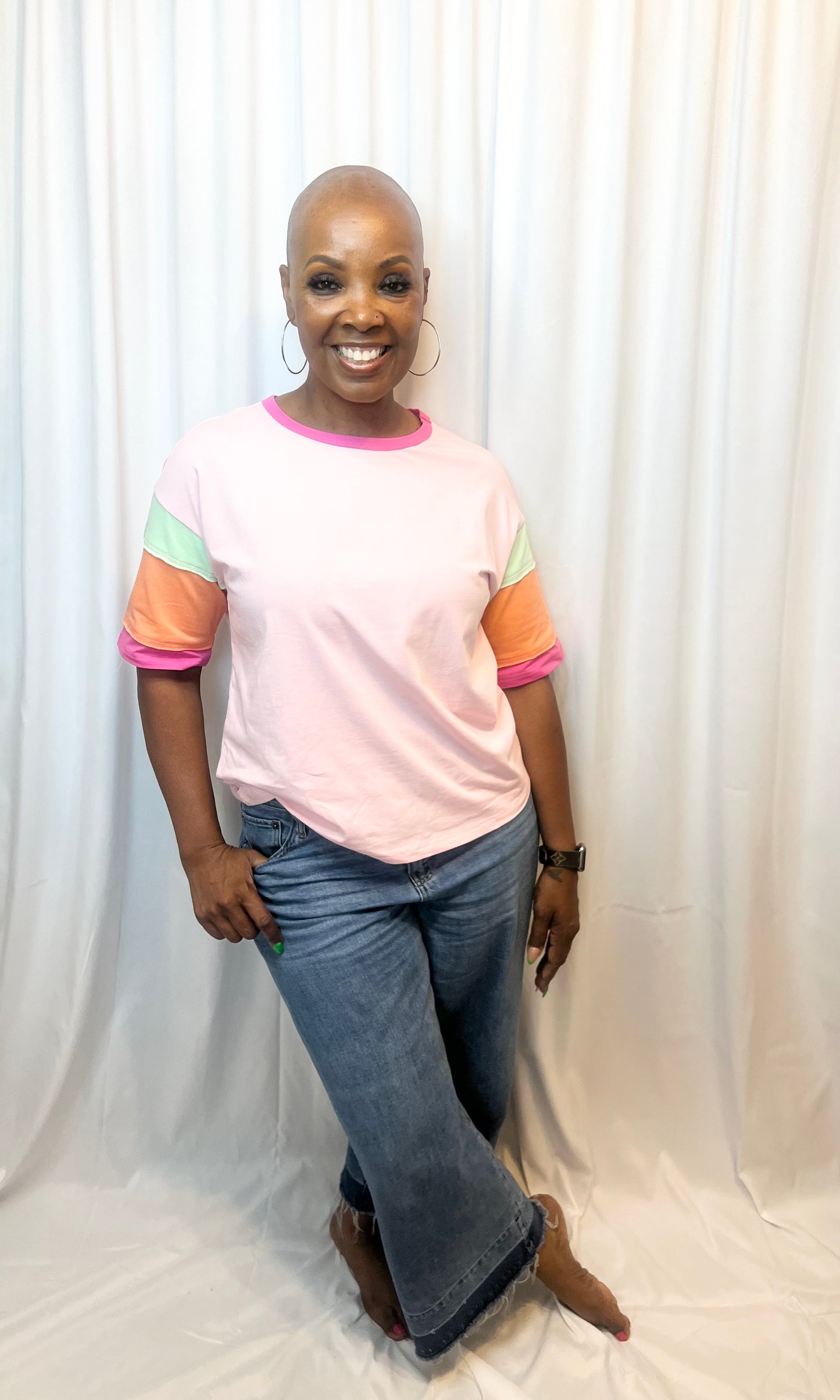 Pink Color Block Stitching Sleeve Round Neck Oversize Top