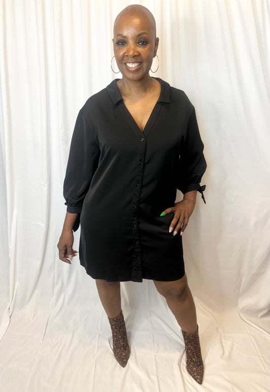 Black Plus Size Tie Cuffs V Neck Shirt Dress