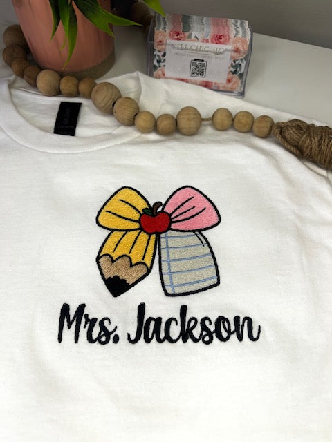 🍎Teacher Embroidery Shirt with Pencil Bow Apple Note Design 🍎