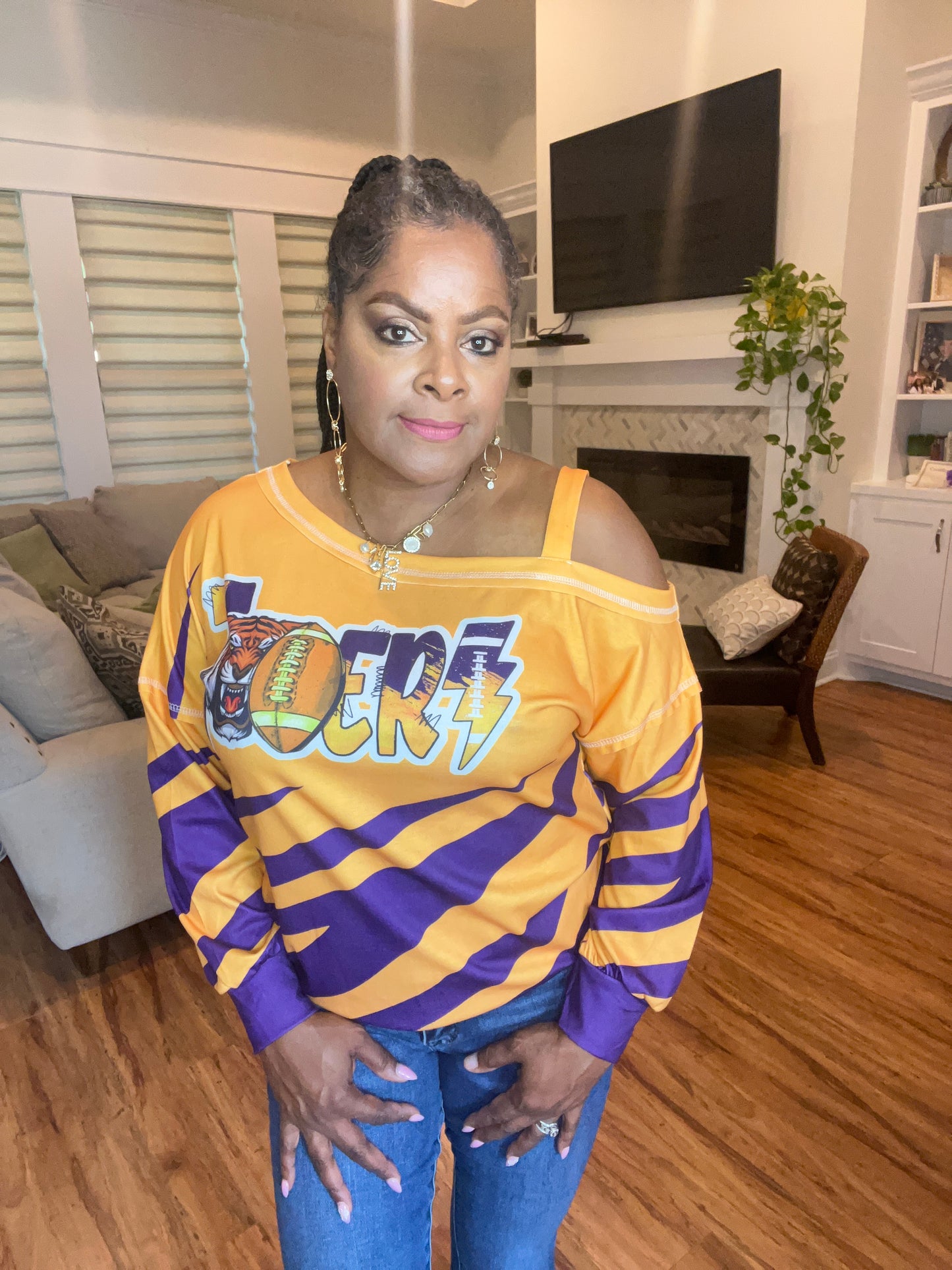 Yellow Tiger Rugby Football Striped Print One Shoulder Blouse