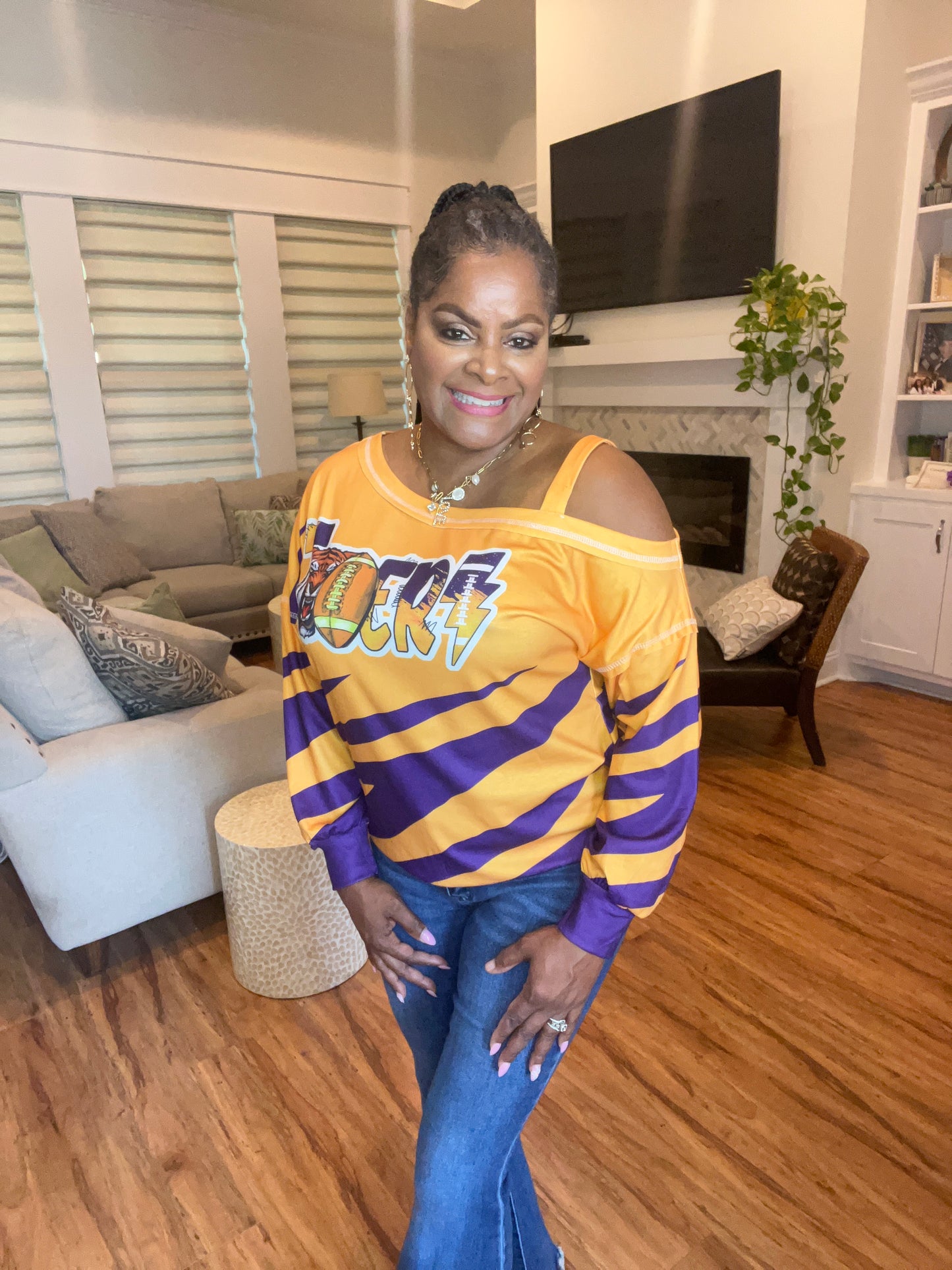 Yellow Tiger Rugby Football Striped Print One Shoulder Blouse