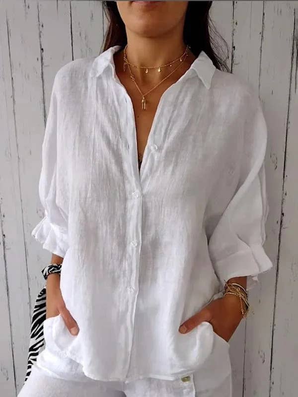 White Cotton Linen Blouses Back Belt