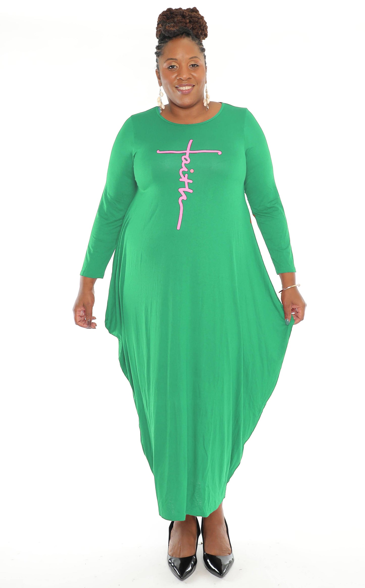 Women's Long Sleeves "Faith" Verbiage Maxi Dress- One Size