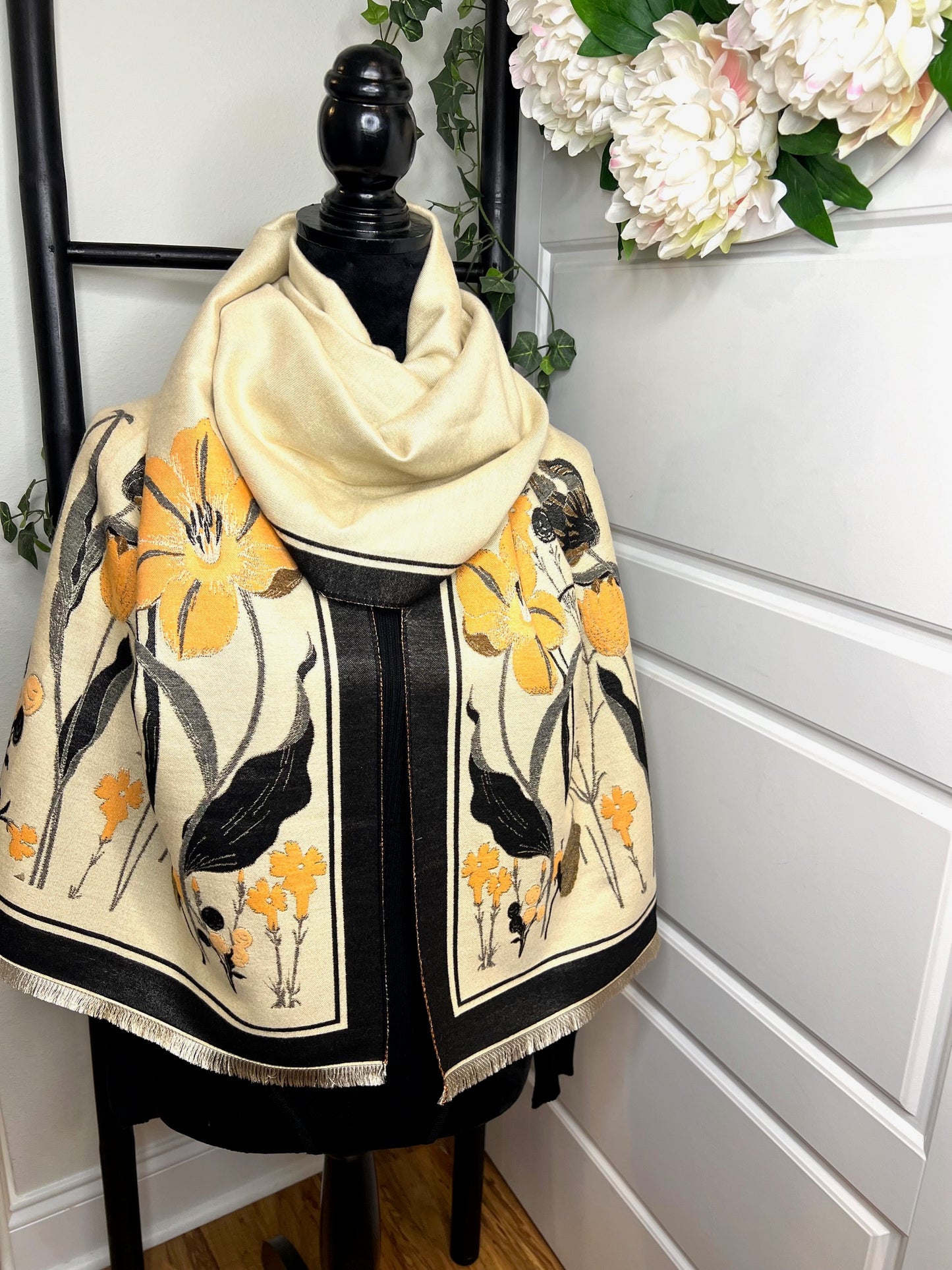 Vintage Cashmere Floral Printed Shawl & Scarf