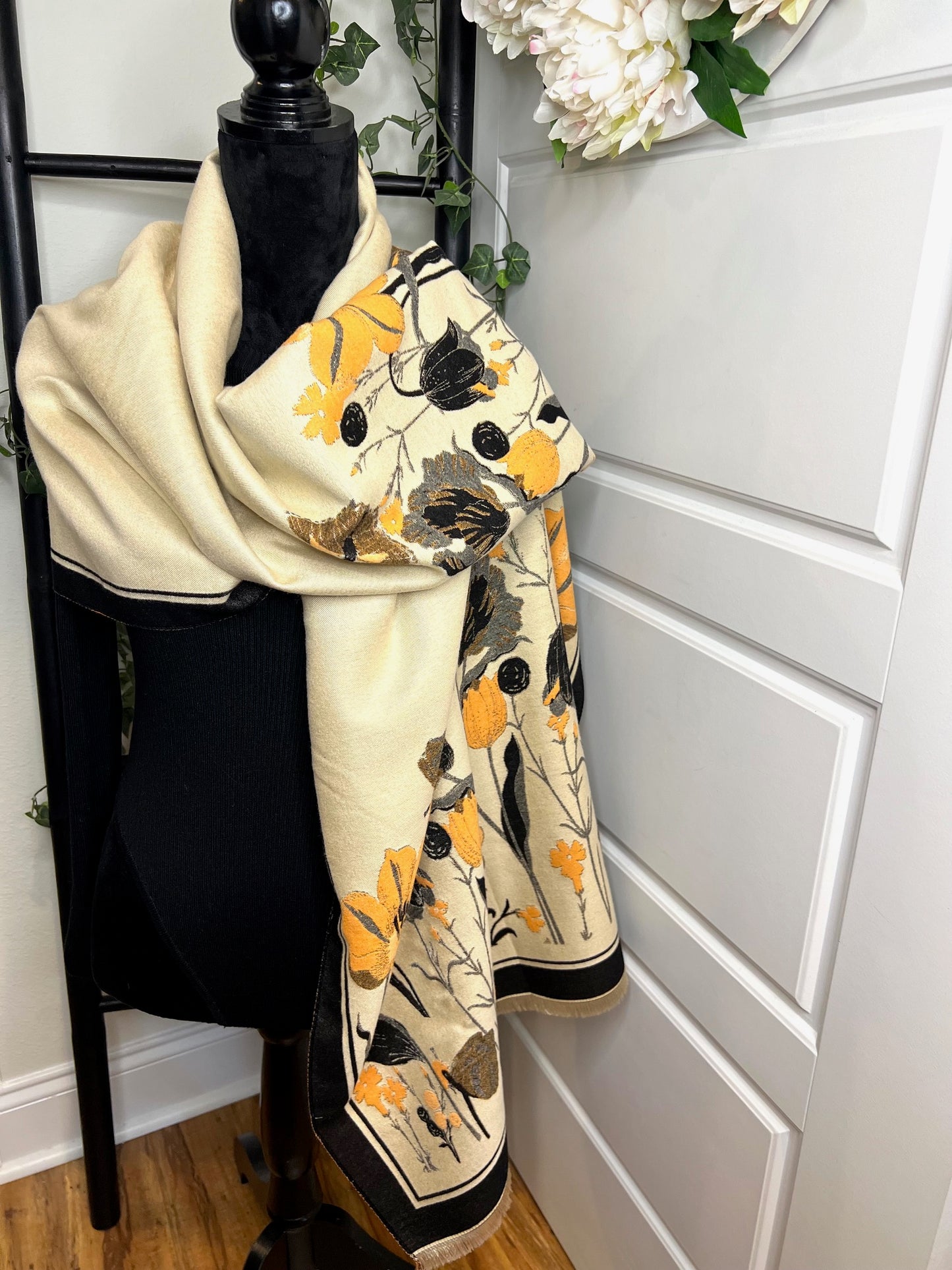 Vintage Cashmere Floral Printed Shawl & Scarf