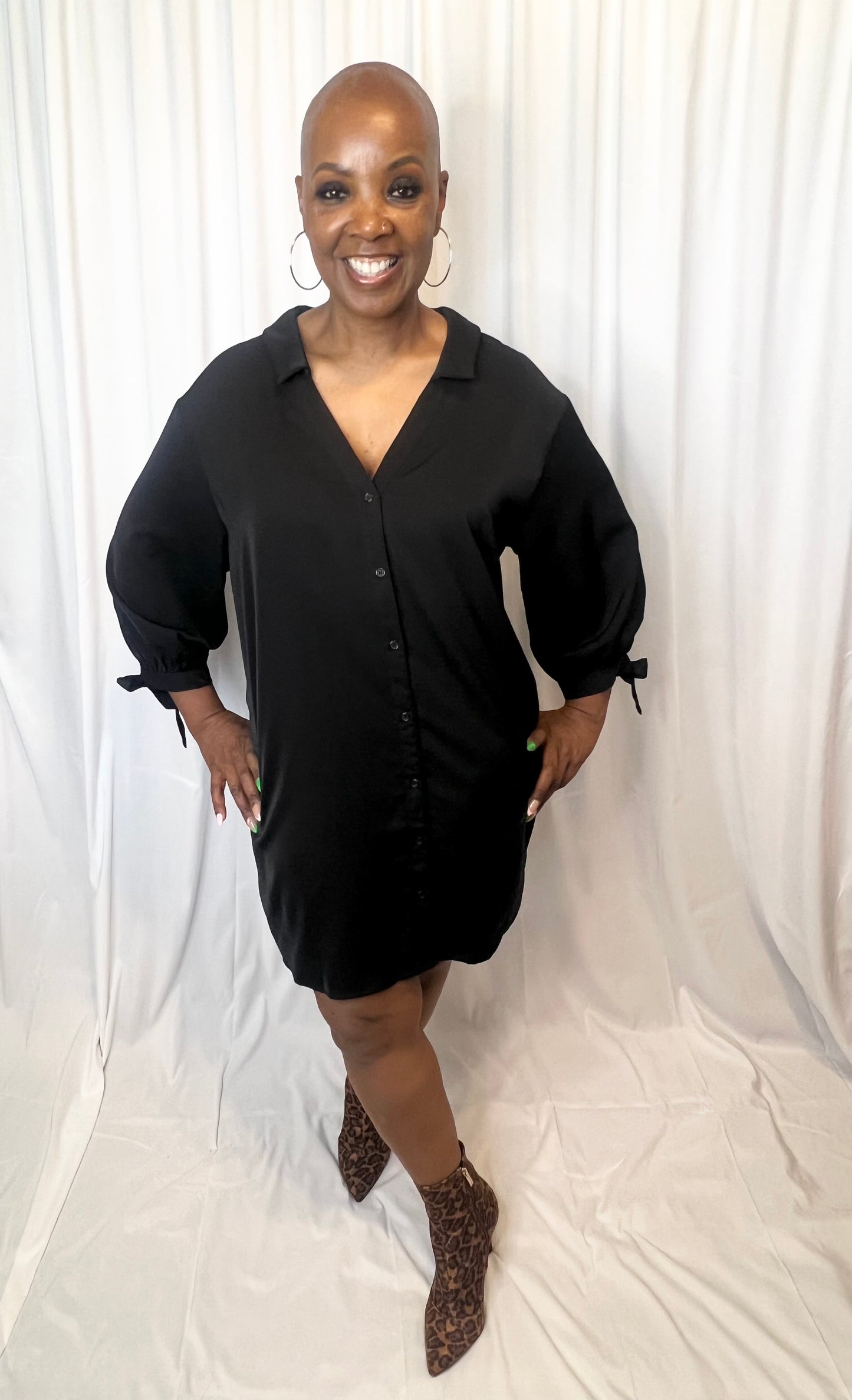 Black Plus Size Tie Cuffs V Neck Shirt Dress