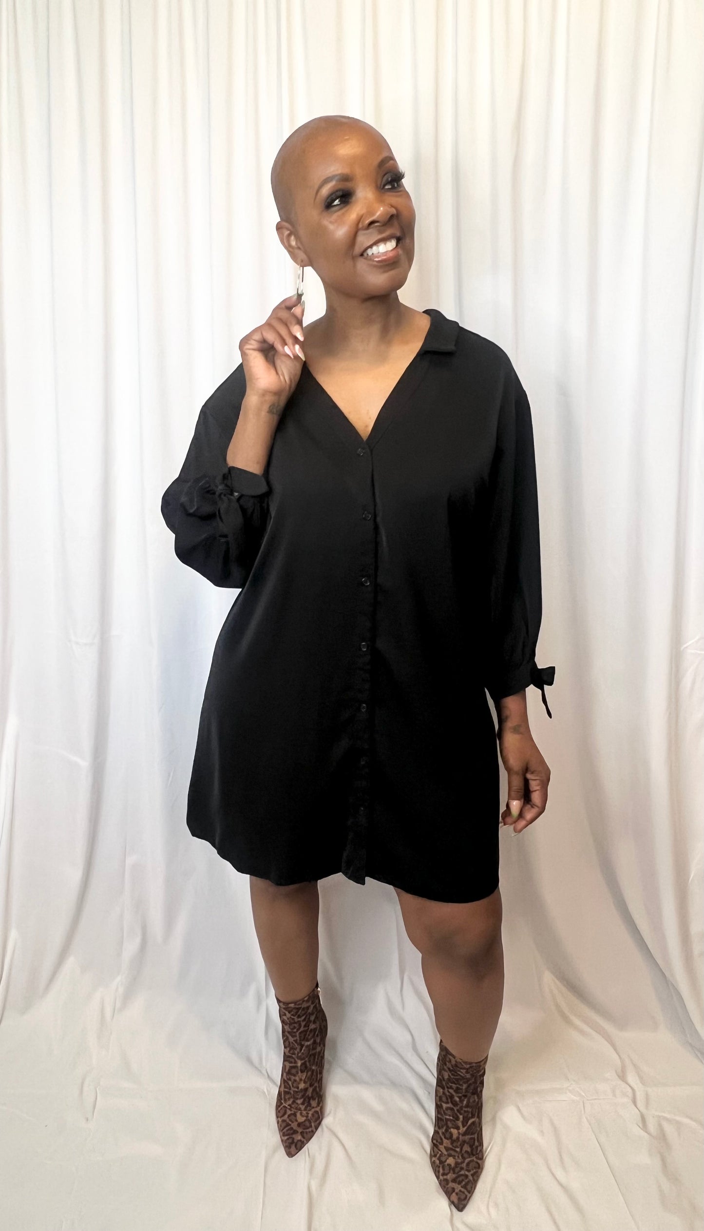 Black Plus Size Tie Cuffs V Neck Shirt Dress