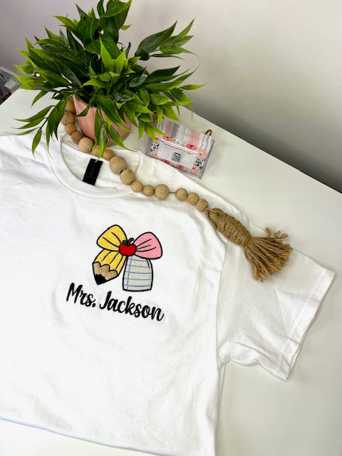 🍎Teacher Embroidery Shirt with Pencil Bow Apple Note Design 🍎