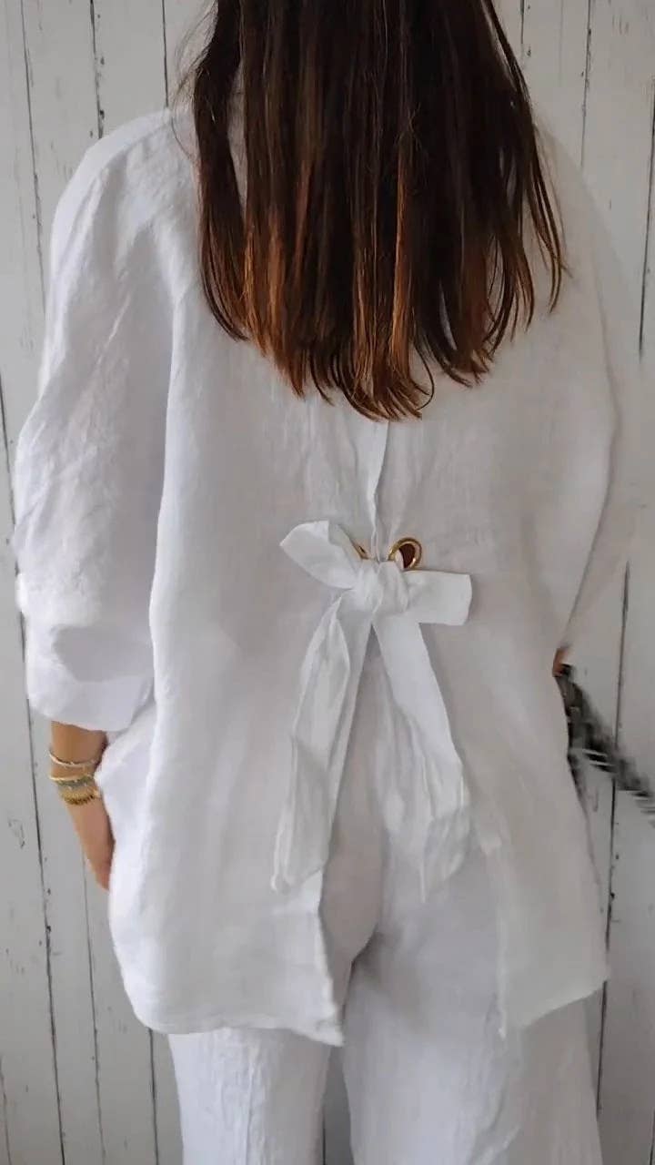 White Cotton Linen Blouses Back Belt