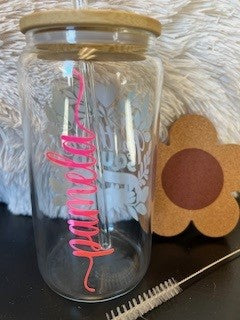 "HEALTHCARE" Glass Tumbler with bamboo lid, glass straw, & bamboo coaster